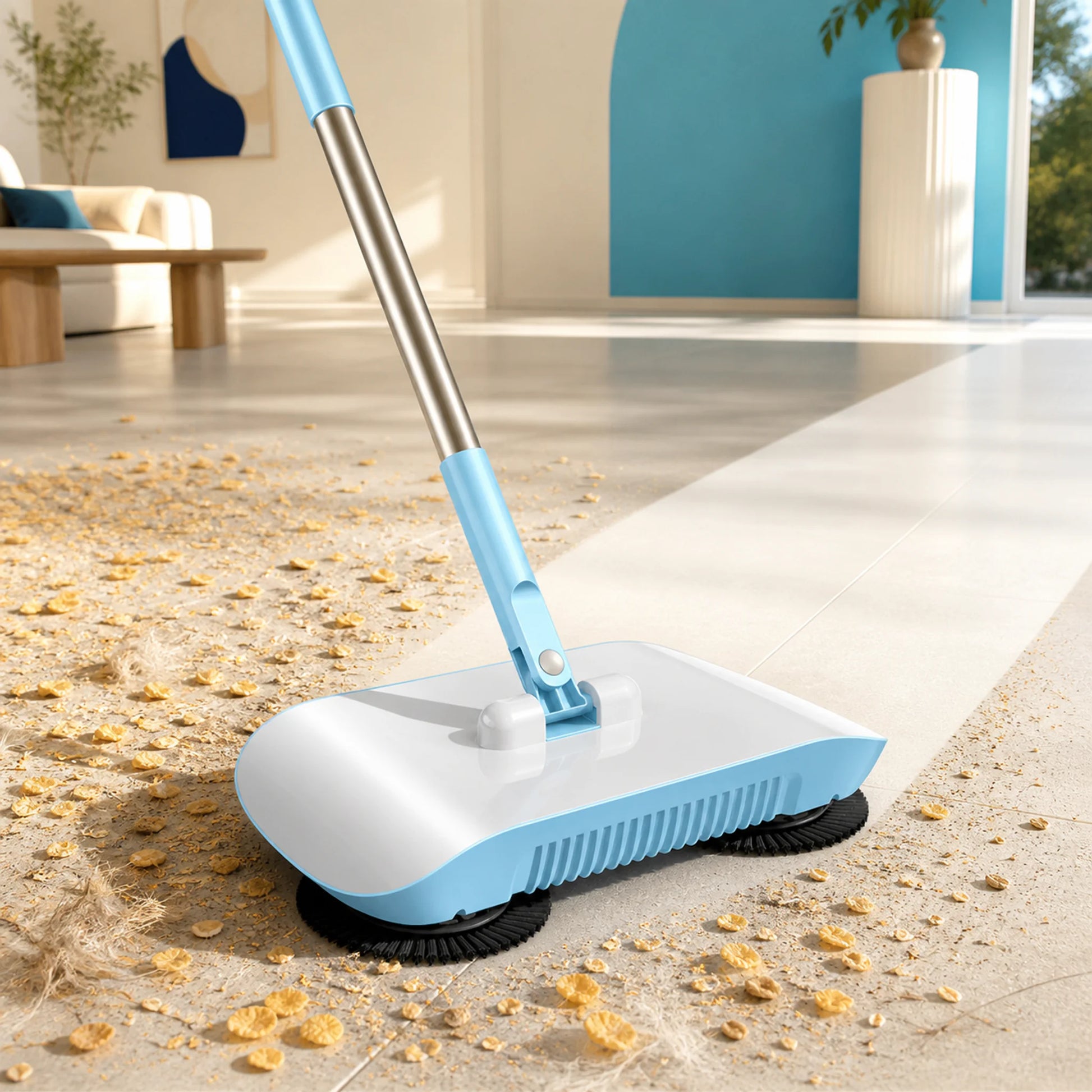 Fresh Blue manual floor sweeper crossing dry crumbs and leaving a clean path on hard flooring