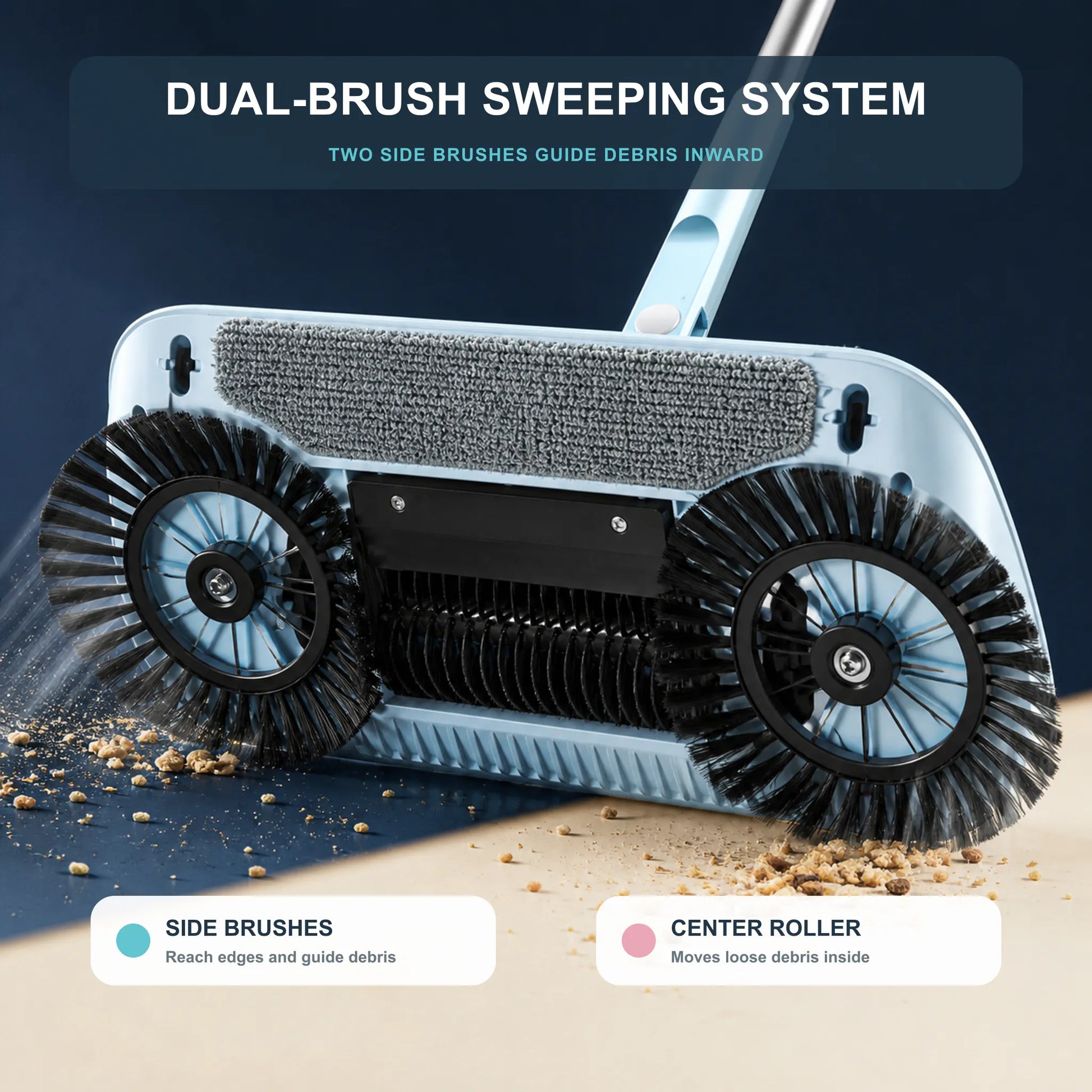Underside showing two side brushes, a center roller, and the microfiber cloth area