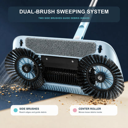 Underside showing two side brushes, a center roller, and the microfiber cloth area
