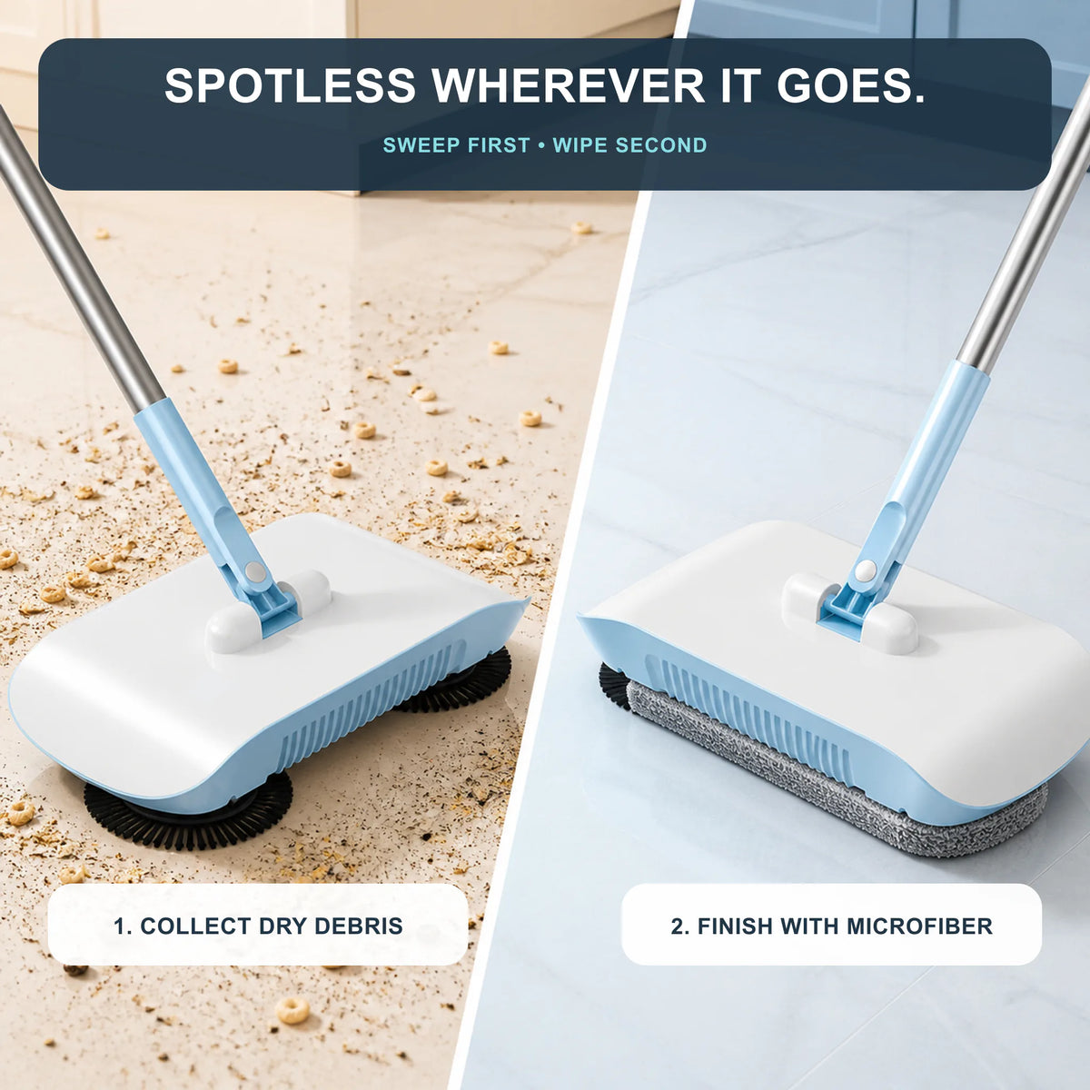 Manual floor sweeper collecting dry crumbs before a microfiber finishing wipe