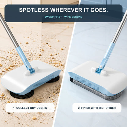 Manual floor sweeper collecting dry crumbs before a microfiber finishing wipe