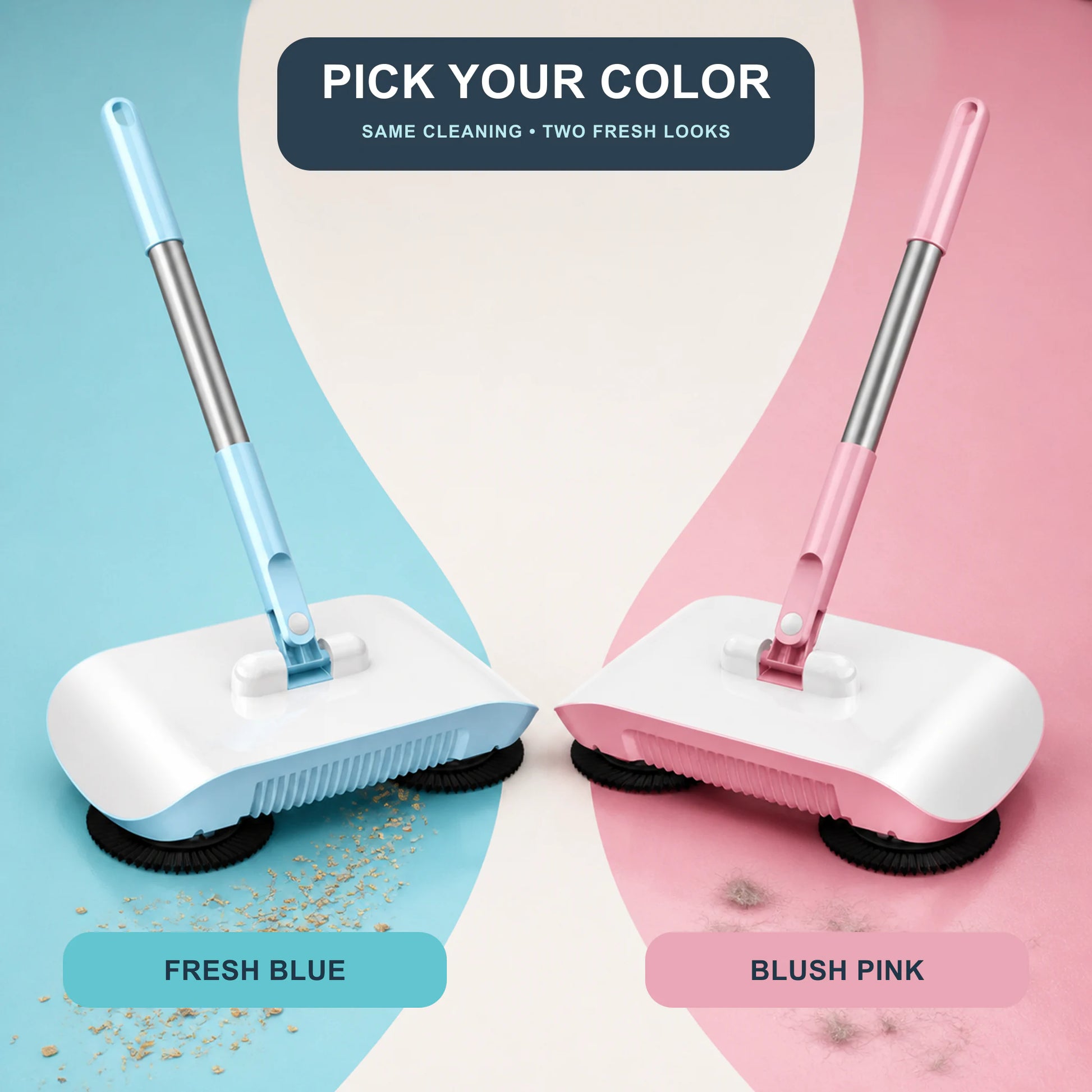 Fresh Blue and Blush Pink color options for the manual floor sweeper