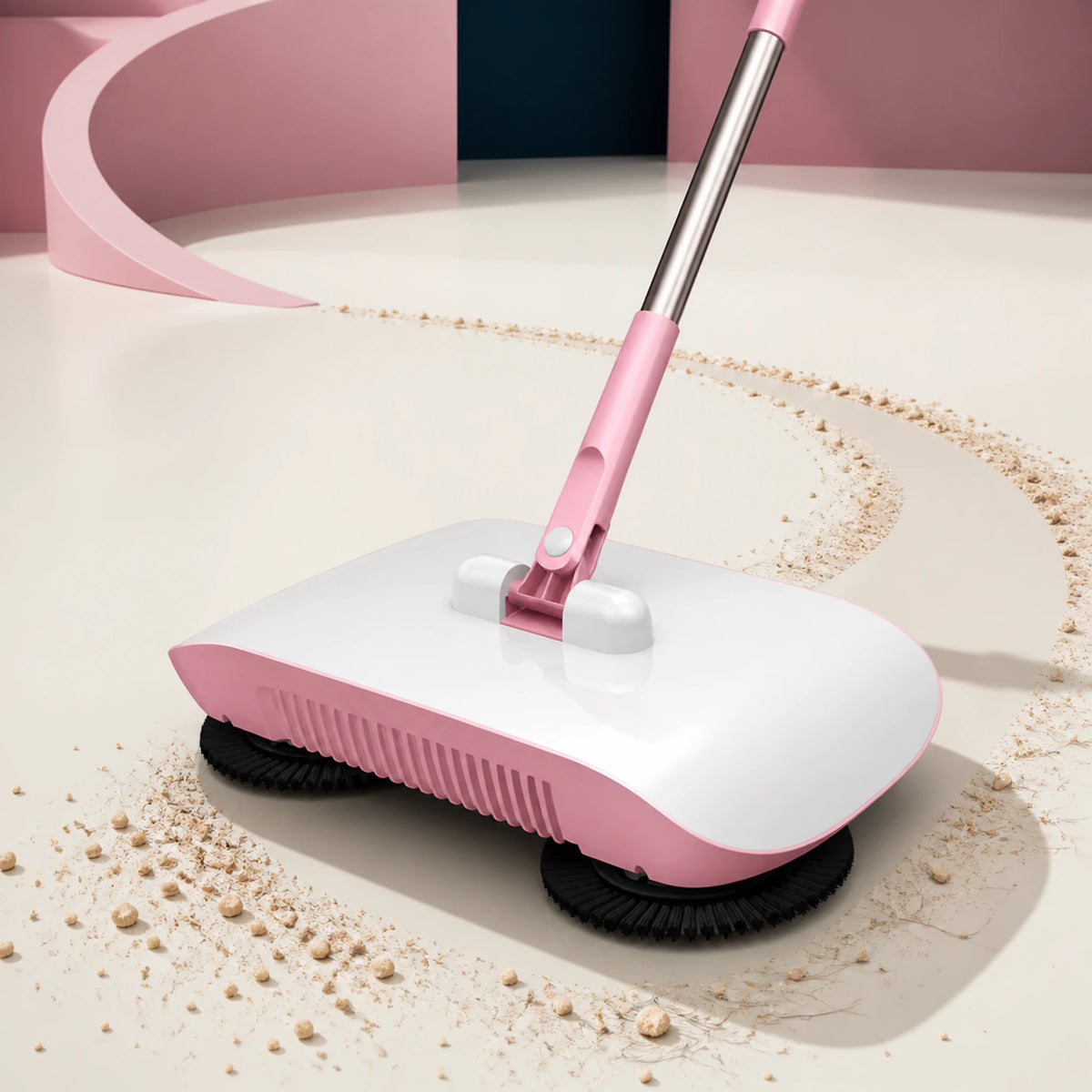 Blush Pink manual floor sweeper following a curved dry-debris path on hard flooring