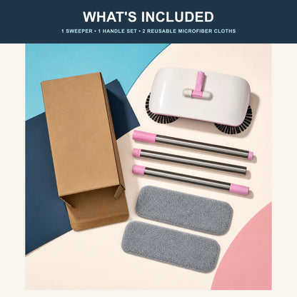 Sweeper head, handle pieces, two microfiber cloths, and a plain kraft box