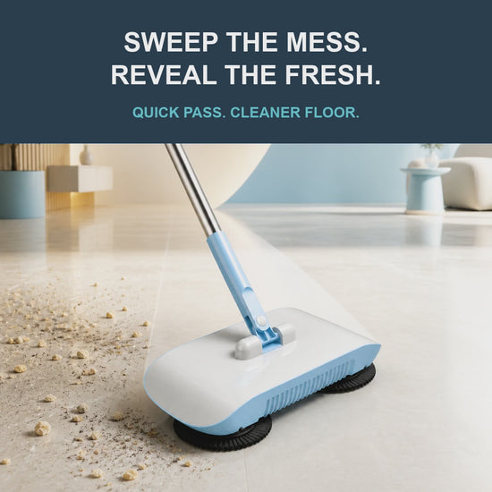 Manual floor sweeper collecting dry debris and loose hair on smooth hard floors